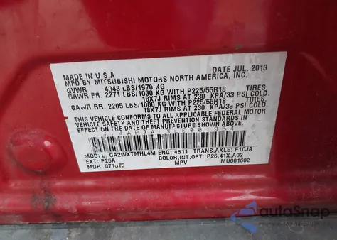 2014 Mitsubishi Outlander Sport Es z USA, uszkodzony, nr VIN 4A4AP3AUXEE001954